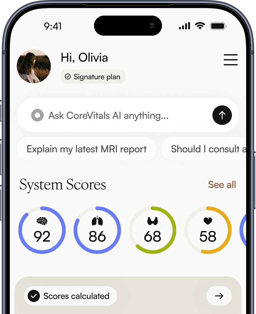 CoreVitals app home screen with system scores