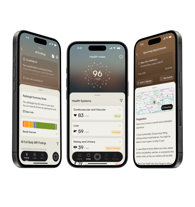 The CoreVitals app showing findings, the health index and upcoming appointments