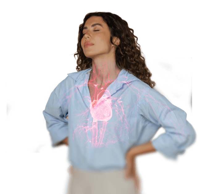 A woman with her heart and blood vessels shown glowing through her shirt