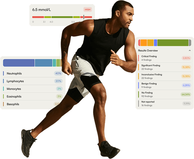 A man running, with blood test results around him