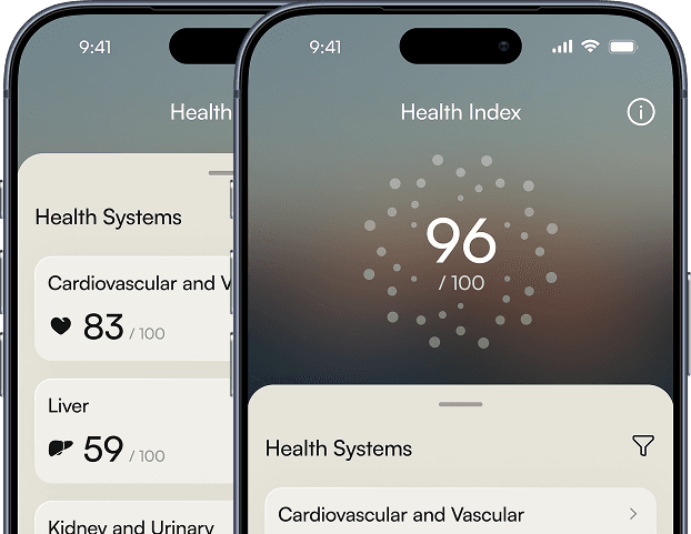 The CoreVitals app showing a health index of 96 and scores for each body system