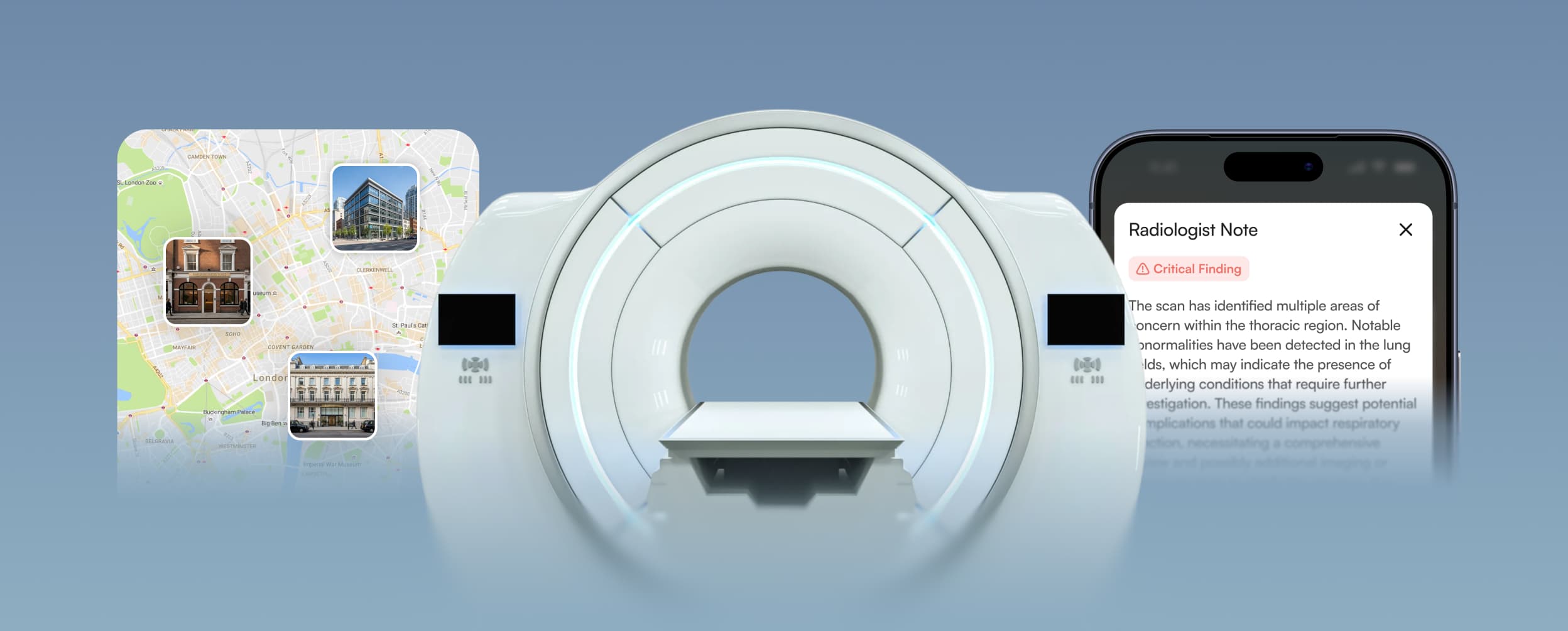A CoreVitals clinic map, an MRI scanner and a radiologist's note in the app