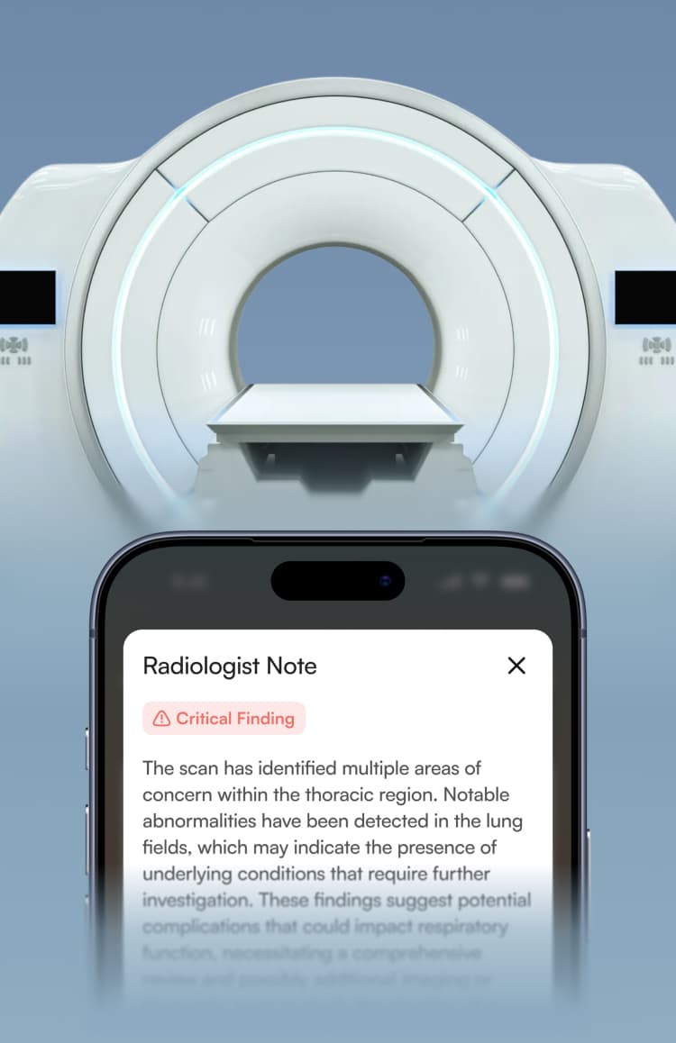 A CoreVitals clinic map, an MRI scanner and a radiologist's note in the app